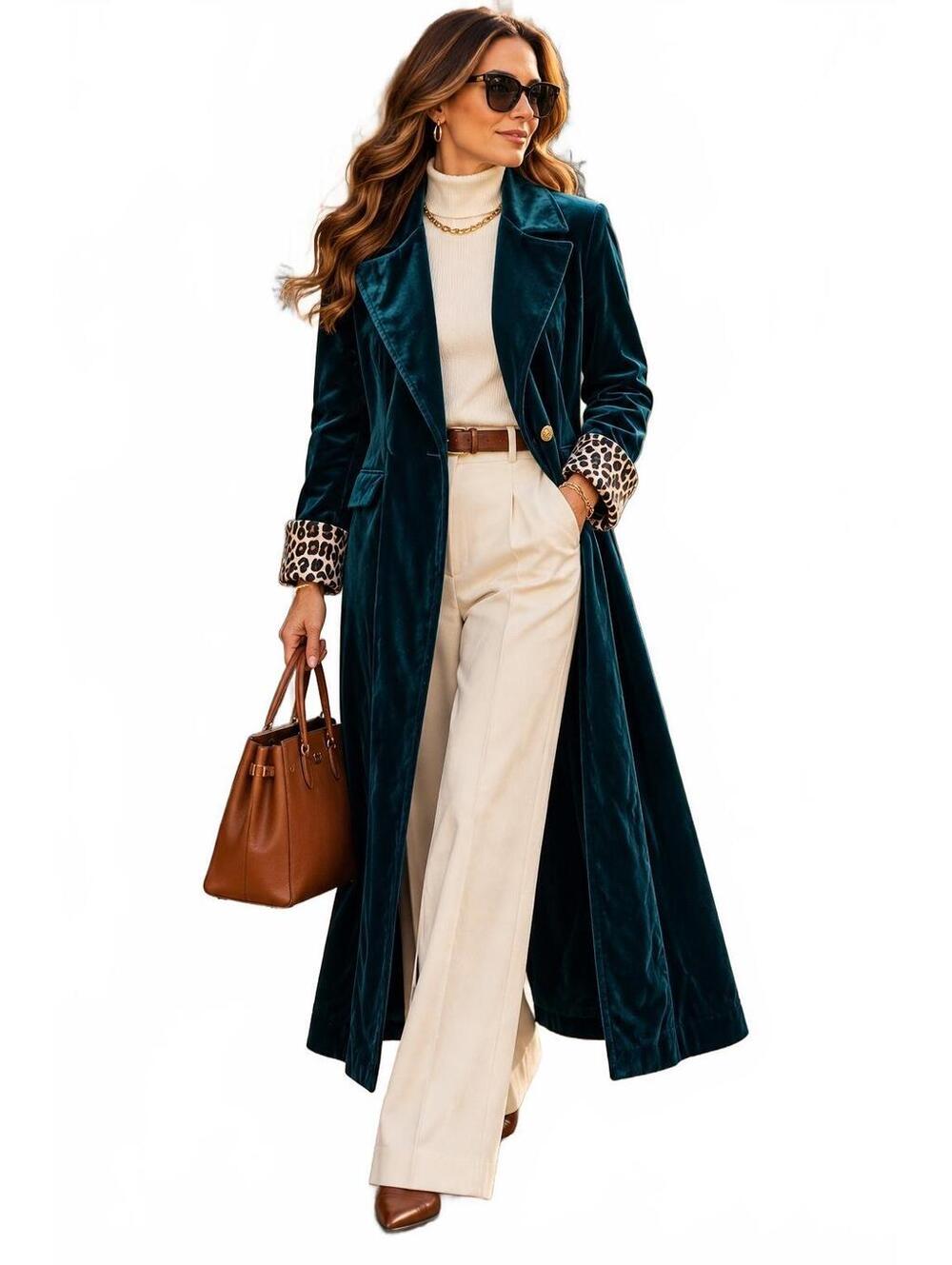 Elegant Teal Velvet Longline Jewel Tone Glam Duster Leopard Print Cuffs-Boutique